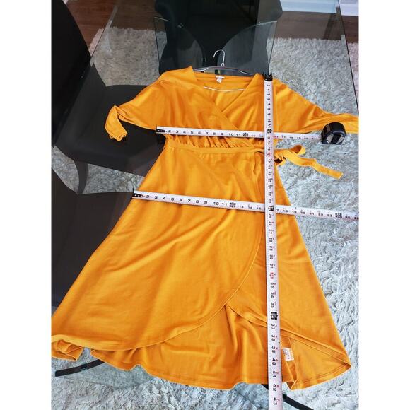 a.n.d Knee Length Dress Womens Small Yellow Long Sleeve V Neck Belted Open Front - Picture 7 of 13